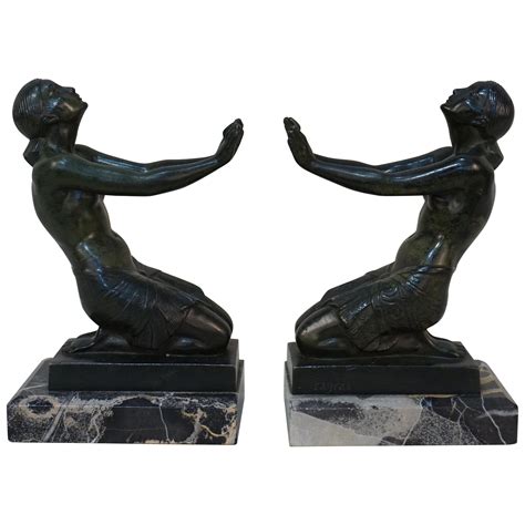 Fayral Female Nude Sculptures Pair Art Deco Bronze Marble Bookends My