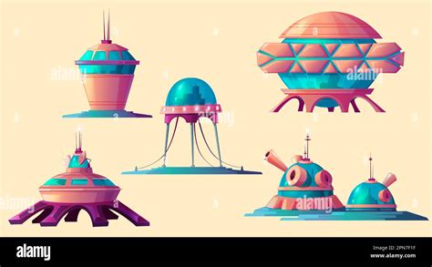 Space Colonization Set Spaceship Rocket Shuttle And Buildings For