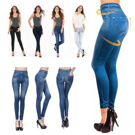 Women Denim Look Leggings Pants Skinny Fit Slimming Jean Jegging Stretch Plus Uk Ebay