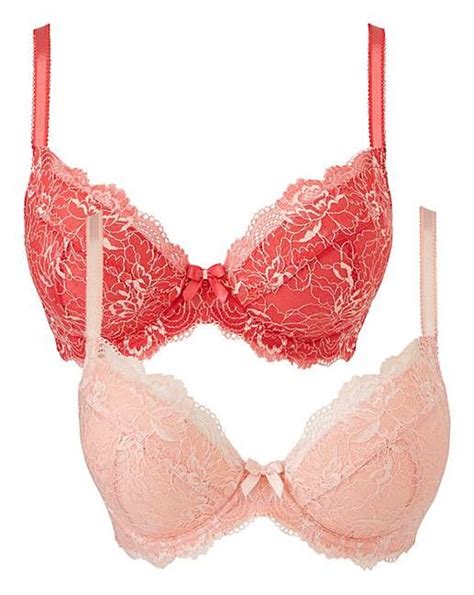 2 Pack Ella Lace Plunge Wired Bras Simply Be Coral Peach Pretty Secrets Black Hot Pink