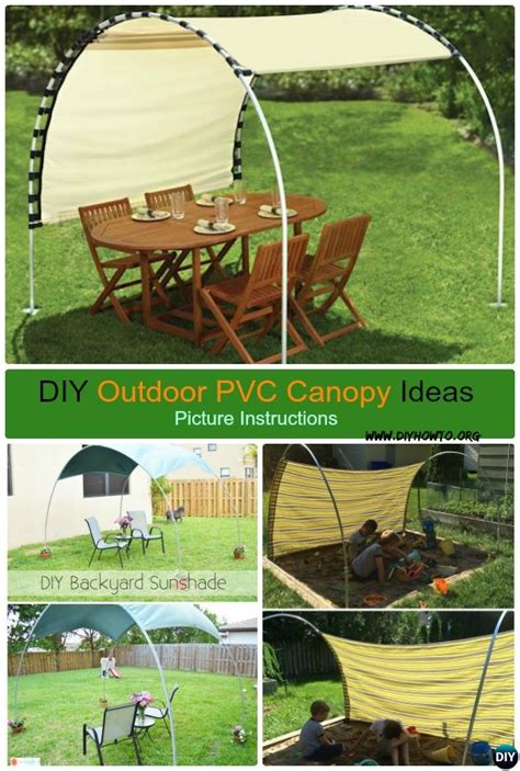 A canopy is an overhead roof or else a structure over which a fabric or metal covering is attached, able to provide shade or shelter. DIY Outdoor PVC Canopy Shelter Sunshade Pin DIYHowto • DIY ...