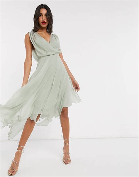 Asos Design Wrap Bodice Midi Dress With Drape Back Asos