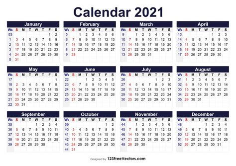 Create and print yearly calendars for any year, starting with any month or day of the week. Free Printable 2021 Calendar with Week Numbers