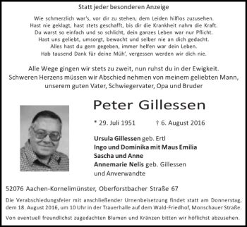 Op ensie, encyclopedie sinds 1946, vind je 1 betekenis van het woord pieter gillissen. Traueranzeigen von Peter Gillessen | Aachen gedenkt