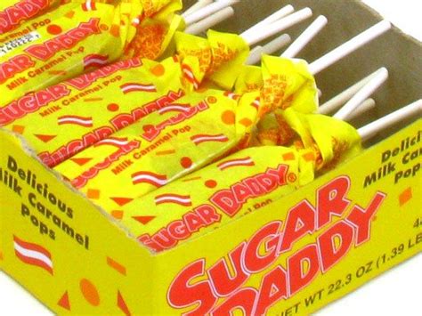 Sugar daddy (candy), a caramel lollipop. Small Sugar Daddies box of 24 - OldTimeCandy.com
