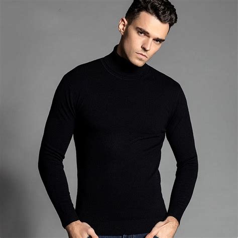 Mens Black 100 Wool Turtleneck Sweater Slim Fit Solid Men Knit