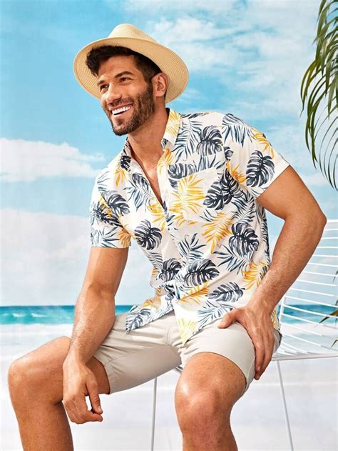 Men Tropical Print Curved Hem Hawaiian Shirt Beach Outfit Men Mens