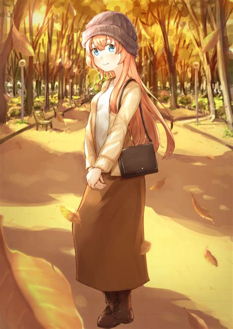 Safebooru 1girl Autumn Autumn Leaves Bag Beanie Bench Blue Eyes Boots Brown Skirt Commentary