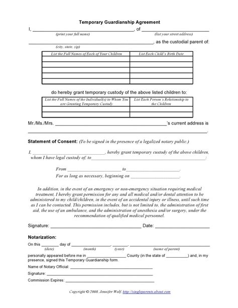 Free Printable Temporary Guardianship Form Free Printable