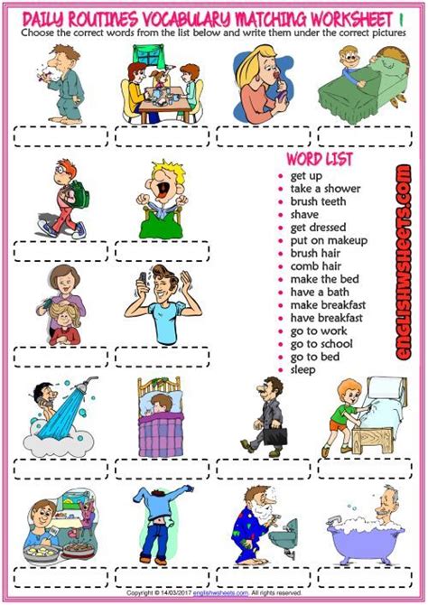 Daily Routines Esl Printable Vocabulary Matching Exercise Worksheets