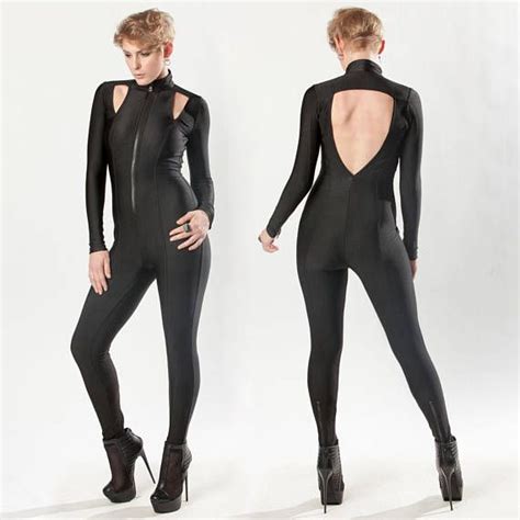 Black Spandex Catsuit With Geometric Cutouts On The Front Shoulders And