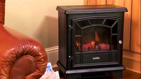 This electric stove features a durable metal body construction with side viewing windows and an operable, beveled glass door. Duraflame Freestanding Electric Stove DFS-550BLK - YouTube