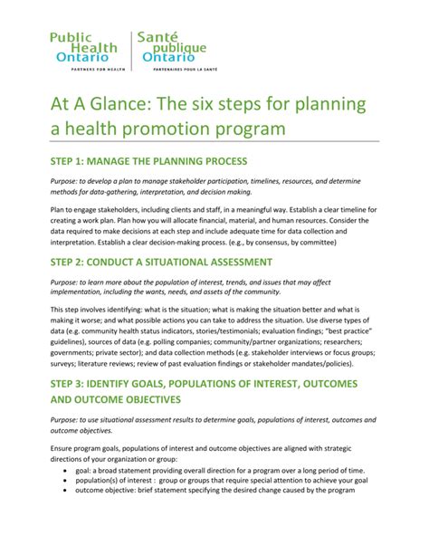 At A Glance The Six Steps For Planning A Health Promotion Program