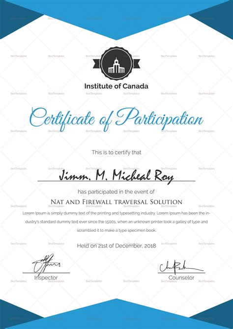 Sample Certificate Of Participation Template In Psd Word
