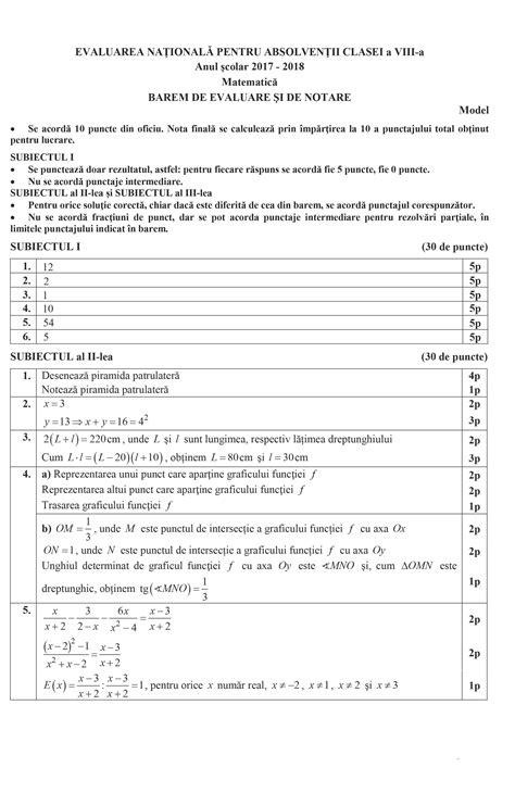 Barem Evaluare Si Notare Proba La Matematica Evaluare Nationala 2018