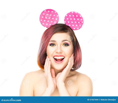 Beautiful Surprised Woman In Mickey Mouse Ears Royalty Free Stock Image