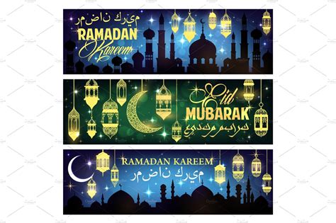 Ramadan Kareem Banner With Islam Mosque And Moon Illustrations