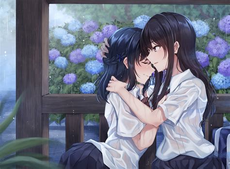 2girls Black Hair Black Rabbit Blush Breasts Crying Flowers Hug Long