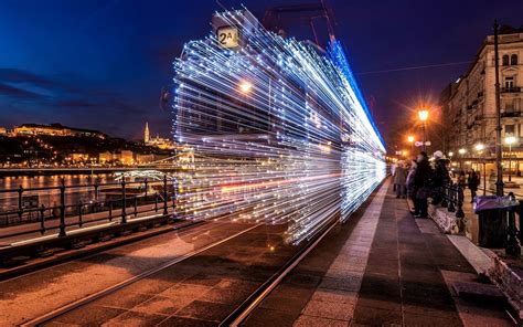 Cityscape Long Exposure Train Lights Artwork Light Trails Budapest