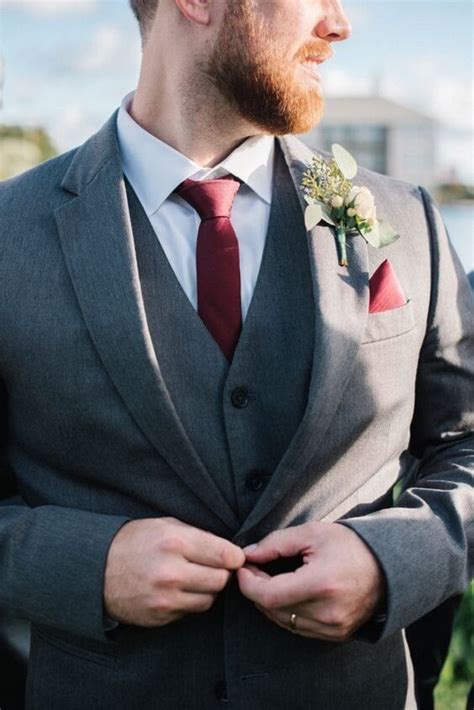 Grey Groom Suit With Burgundy Tie For Burgundy And Blush Wedding