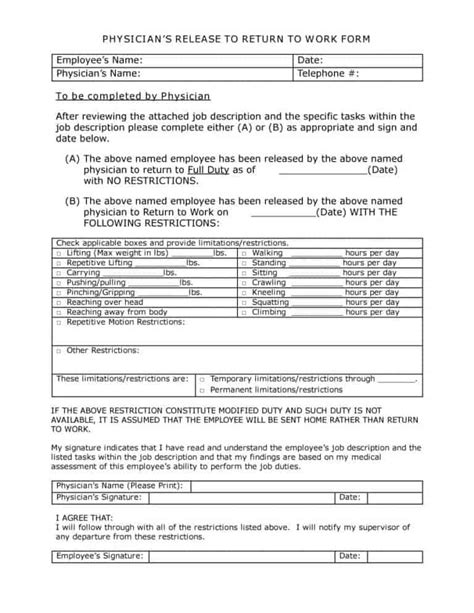 The return to work form helps to facilitate the returning workers by allowing hr and management to modify schedules, tasks, and working conditions. 44 Return to Work & Work Release Forms - Printable Templates
