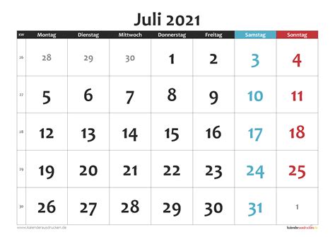 Jahreskalender und monatskalender 2021, 2022, 2023 und weitere jahre. Kalender Juli 2021 zum Ausdrucken Kostenlos - Kalender ...