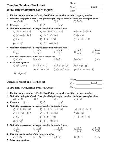 Complex Numbers Worksheets Doc