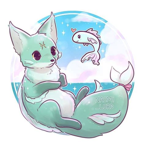 A Drawing Of A Cat Sitting On Top Of A Mermaid Tail Next To A Fish