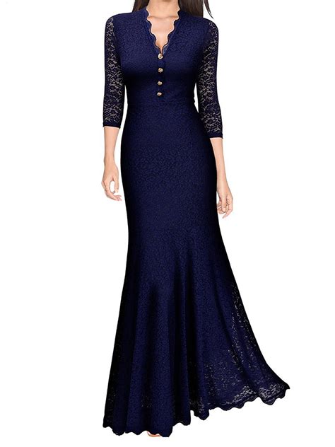 HiMONE - Women Lace V Neck Fishtail Prom Long Maxi Dress Retro Evening