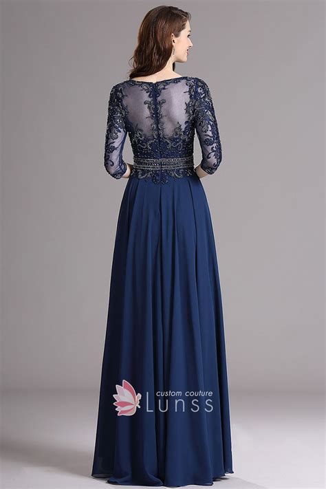 Elegant Beaded Navy Blue Chiffon A Line Long Evening Gown Lunss