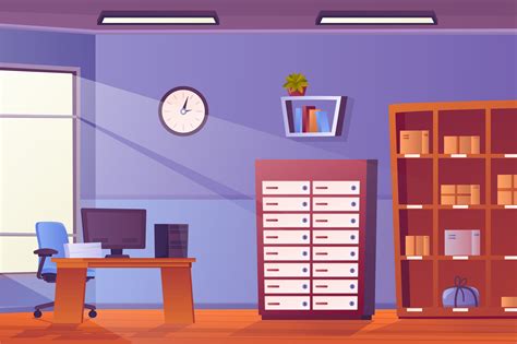 Workplace At Office Interior Concept In Flat Cartoon Design Room And
