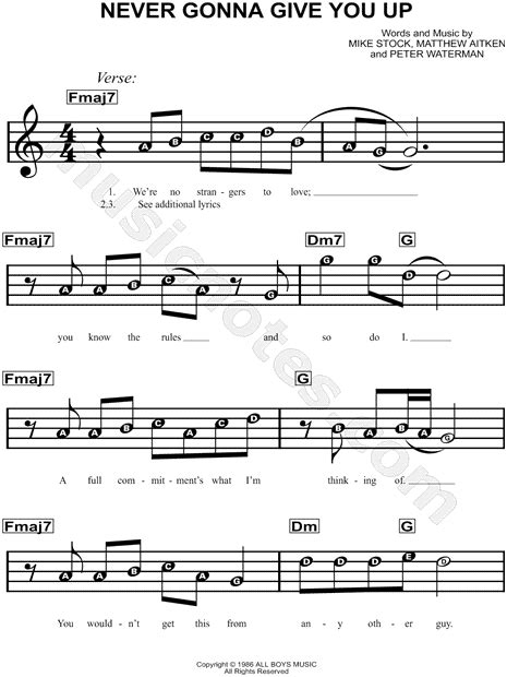 Rick Astley Never Gonna Give You Up Sheet Music For Beginners In C Major Download Print Sku