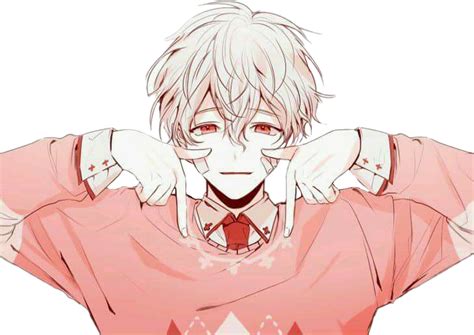 Animeboy Anime Boy Hot Red Eyes Pink Hoodie White Hair