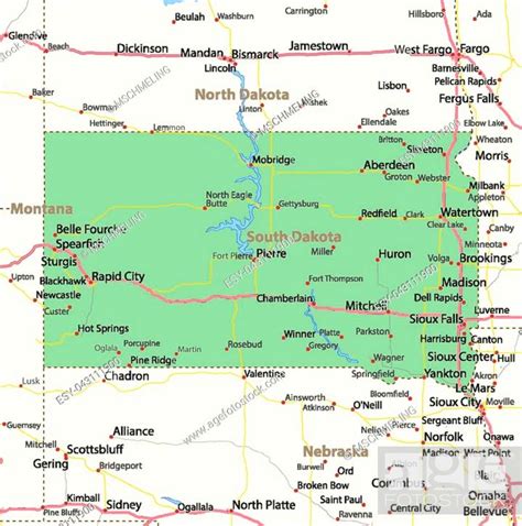 Map Of South Dakota Shows State Borders Urban Areas Place Names
