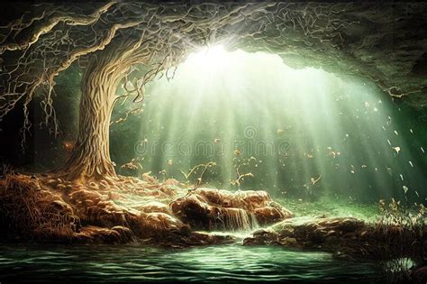Illustration Of A Cave With A Tree Water And Sunbeams Fantasy