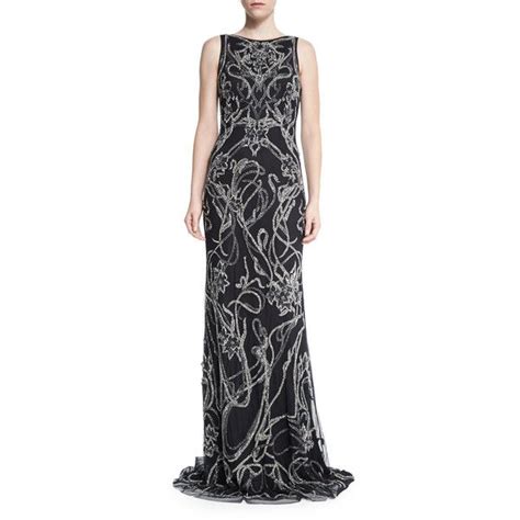Theia Sleeveless Sequined Floral Column Gown Column Gown Floral