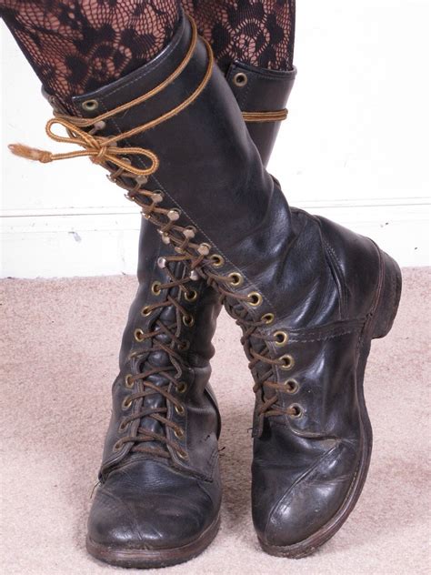Vintage Military Tall Knee High Distressed Black Leather Lace Etsy Lace Up Combat Boots