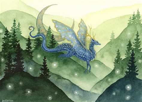 Dragon Art Watercolor Print Guardian Of The Forested Hills Etsy