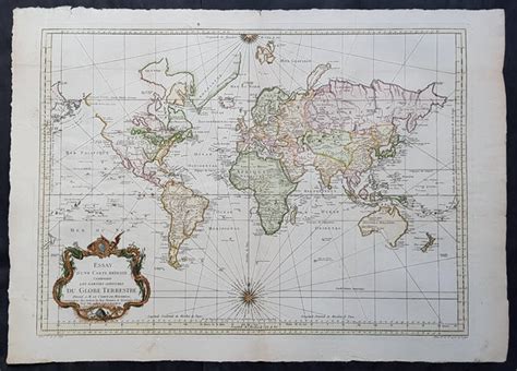 1770 Jn Bellin Very Large Original Antique World Map On Mercators Proj