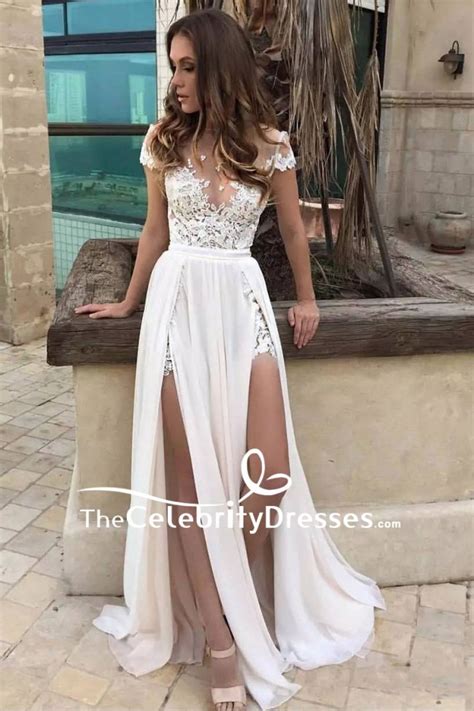 Sexy White Thigh High Slit Cap Sleeves Lace Prom Dress