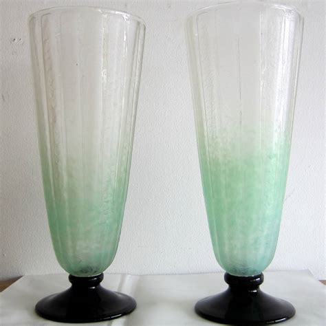 Pair Of Art Deco Pale Green Frosted Glass Vases By Schneider At 1stdibs