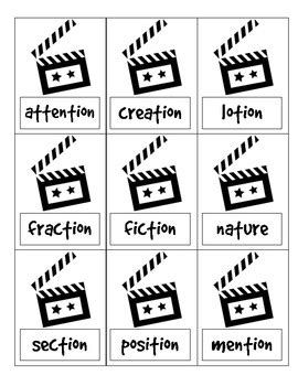 Printable phonics worksheets and flash cards: A motion picture event: -tion and -ture practice by Phun ...