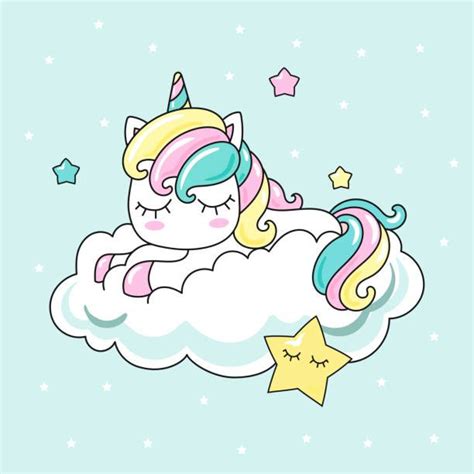 Cute Kawai Rainbow Unicorn Sleeping On A Cloud For Design Prints