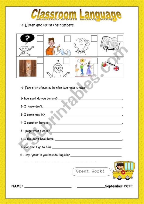 Classroom Language Listen And Number Put The Phrases In Order Esl