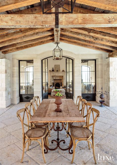 Traditional Neutral Covered Outdoor Dining Room With Exposed Wood Beams
