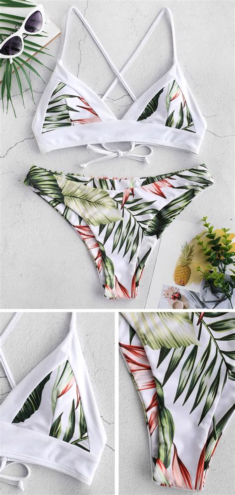 Zaful Tropical Leaf Criss Cross Bikini Set Multi A Criss Cross Bikini
