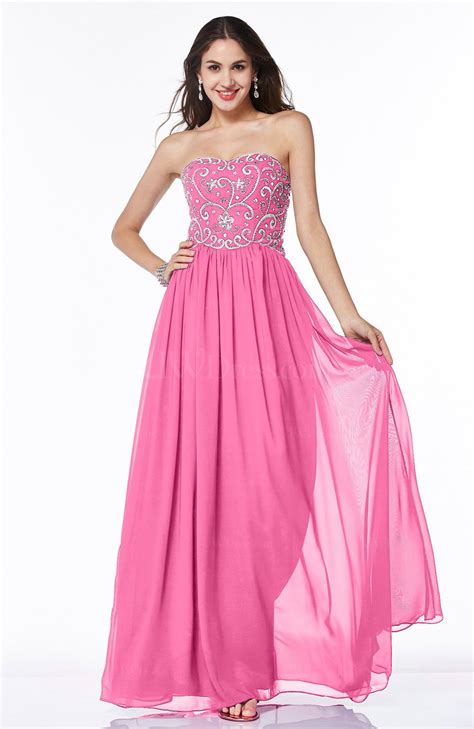 Rose Pink Sexy A Line Strapless Chiffon Rhinestone Plus Size Prom Dresses