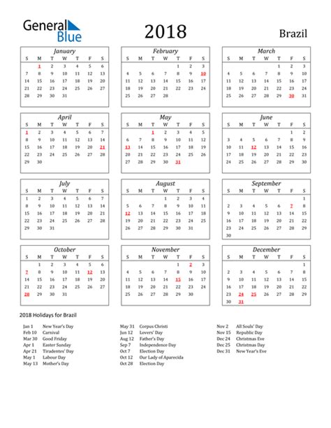 2018 Brazil Calendar With Holidays