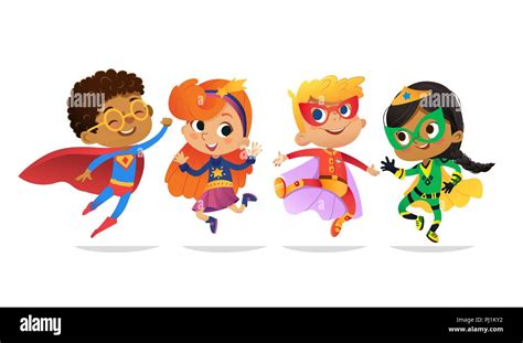 Multiracial Boys And Girls Wearing Colorful Costumes Of Superheroes