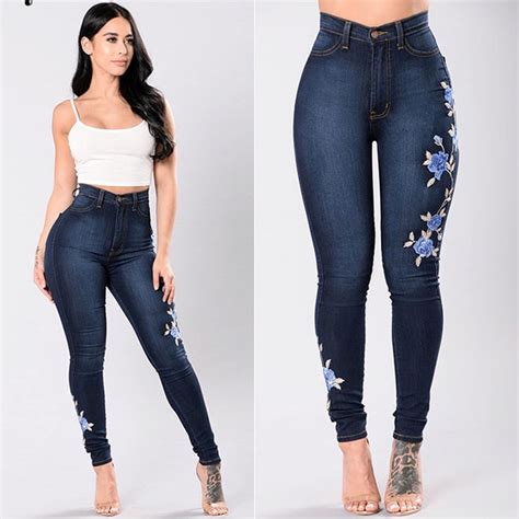 Long Sexy Jeans Women Basic Classic High Waist Skinny Pencil Blue Denim Pants Embroidery